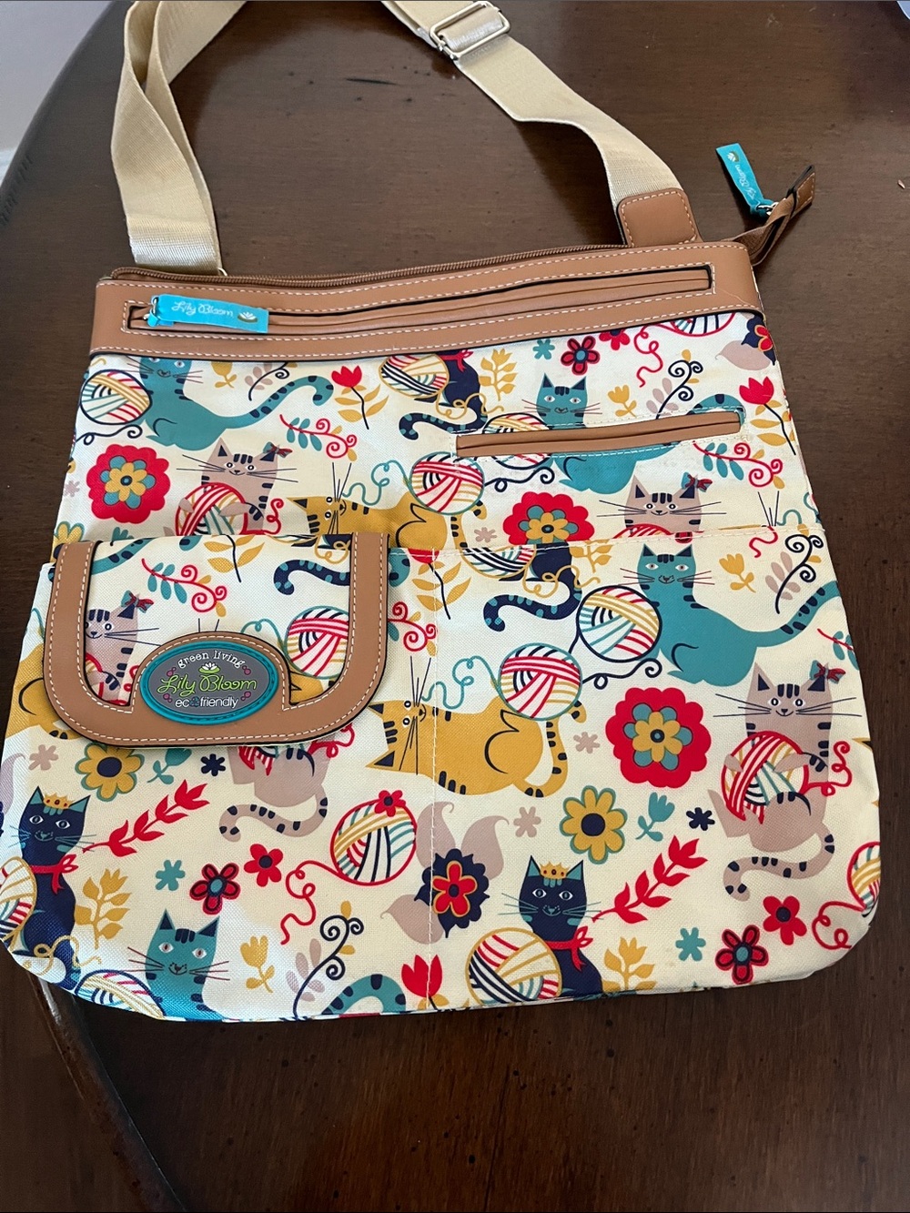 Lily Bloom Teal & Tan Cat Print Kids Crossbody Bag